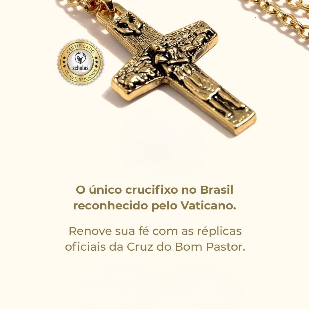 Cruz do Bom Pastor em banho de Ouro 18K com corrente, representação do Bom Pastor e ovelha